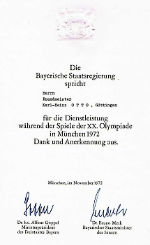 19720825 Urkunde Olympiade München